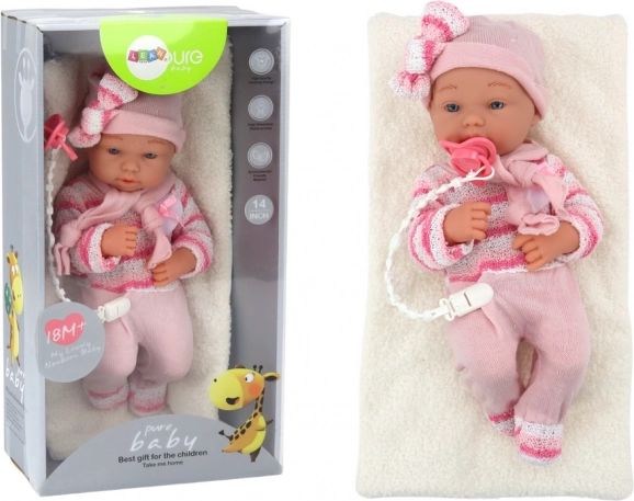 Baby pop roze met gestreept truitje, mutsje, sjaal en accessoires 35 cm
