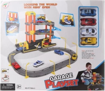 Two-story plastic garage with toy cars