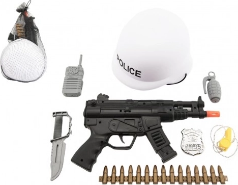 Set politie helm + machinegeweer met vliegwiel met accessoires, plastic in net