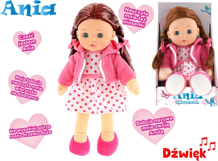 Interaktiv dukke Ania med blødt krop, taler polsk, 31 cm