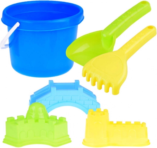 Strandsæt til sand med spand, skovl, rive og forme