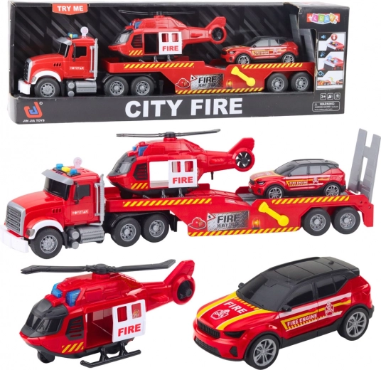 Firefighter set with tow trailer, helicopter, and car with lights and sounds