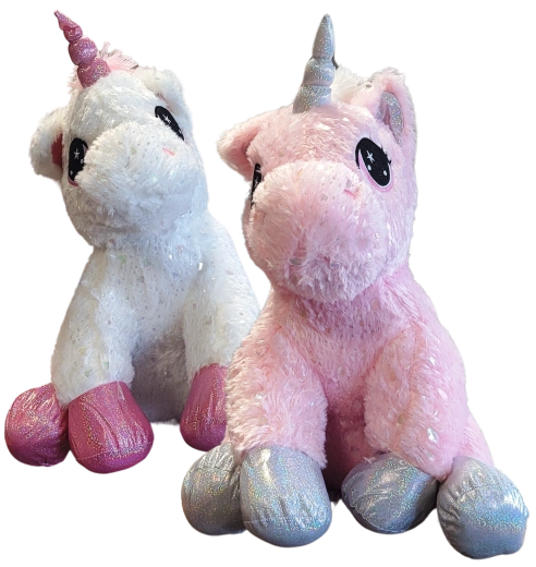 Sidende plysunicorn 30 cm – 2 farver