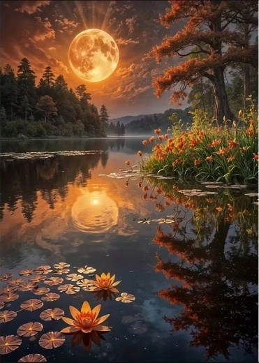 Diamantmalerei Vollmond über dem See 30 × 40 cm