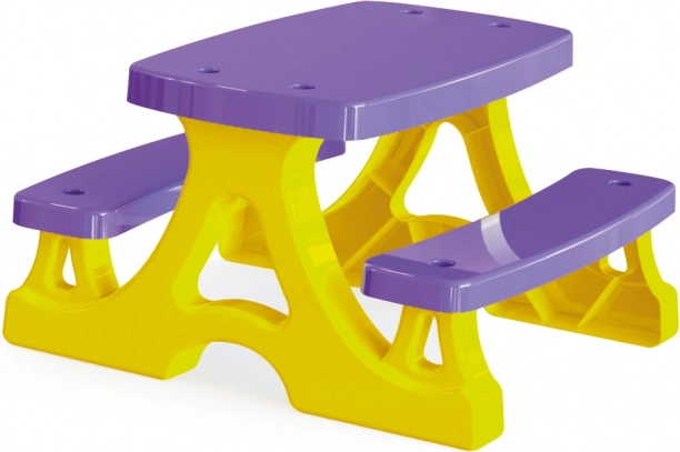 Plastic picnic table with benches, yellow‑purple