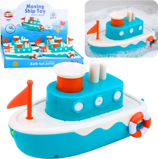 Wind-up bath boat with water spray – blue