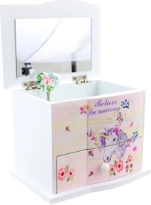 Wooden musical jewelry box with unicorn, mirror and drawer