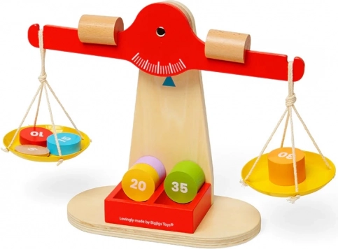Wooden scale with balancing weights