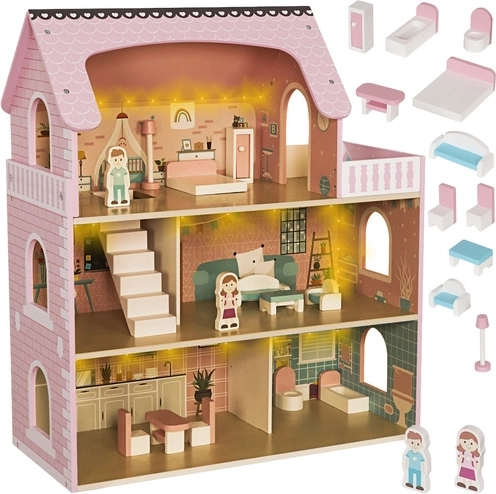 Maison de poupée en bois avec éclairage LED et meubles KRUZZEL