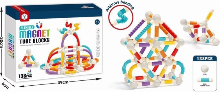 Magnetyczne klocki konstrukcyjne – elastyczne rurki, 138 elementów