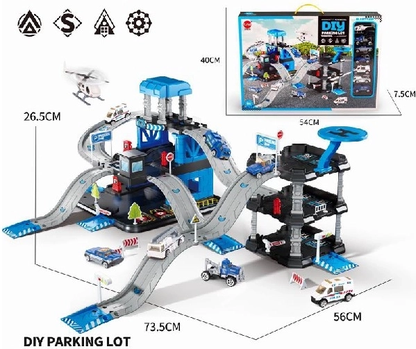 Polizeiliche Parkstation mit 6 Autos und Helikopter