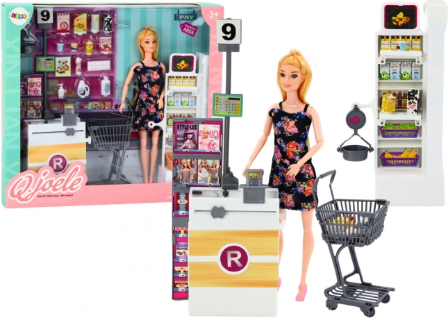 Doll in Supermarket with Shelves, Shopping Basket and Groceries