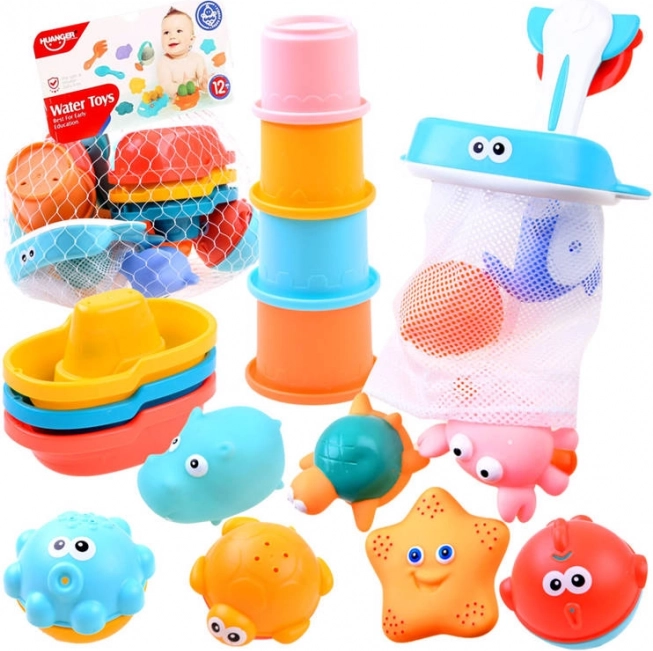 Colorful bath toy set with organizer, boats and animals