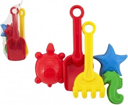 Plastic sand set with shovel, rake and molds in a net