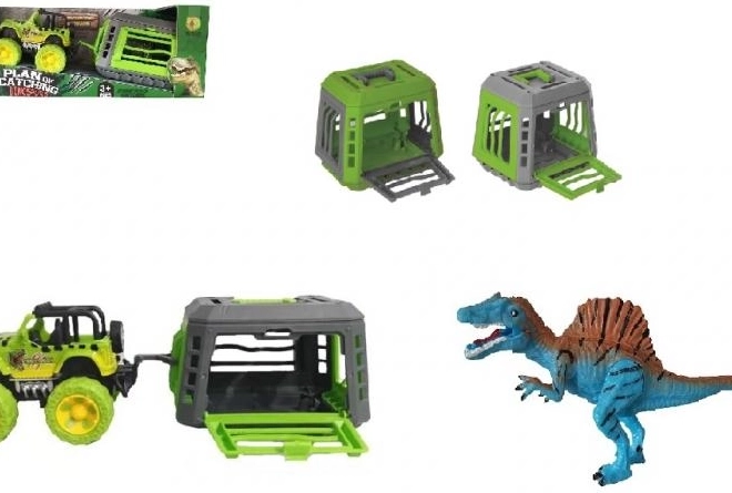 Jeep z przyczepą i dinozaurem