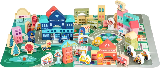 Città educativa in legno con tappetino 121 pezzi Ecotoys