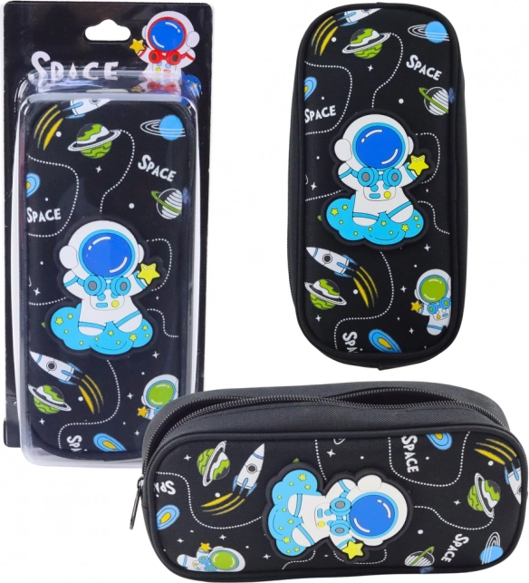 Space Pencil Case with Astronaut, Two Pockets, Black