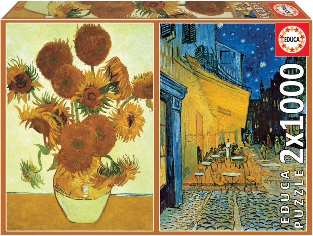 Puzzel Zonnebloemen en Caféterras bij Nacht 2x1000 Stukjes