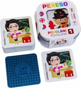 Pexeso Povolání 1 – impermeabile, ceco-slovacco-inglese, 64 carte in scatola di latta