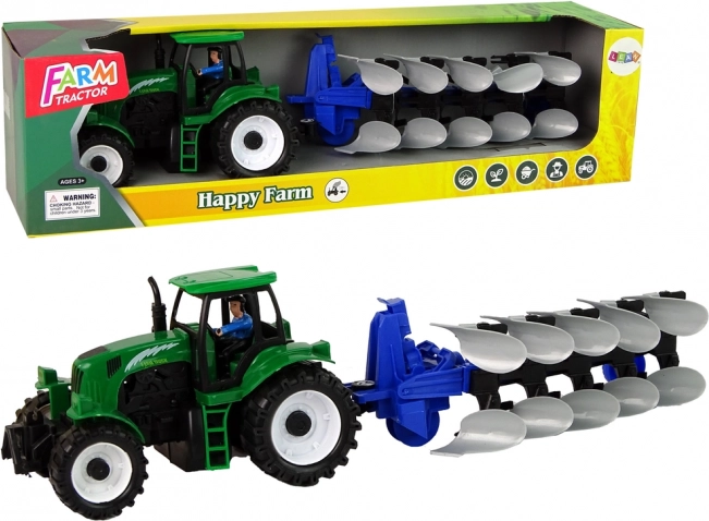 trattore verde con aratro – giocattolo agricolo in plastica