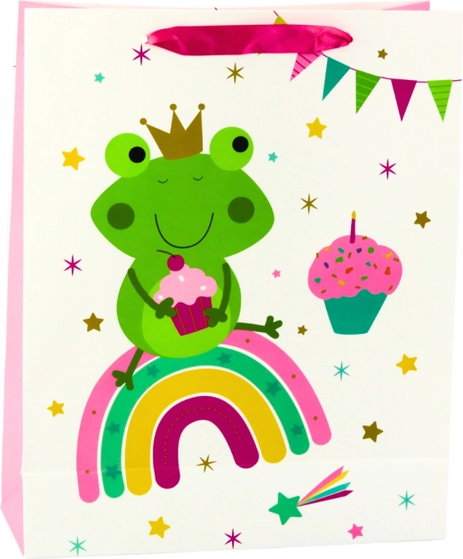 Sac cadeau avec grenouille sur arc-en-ciel