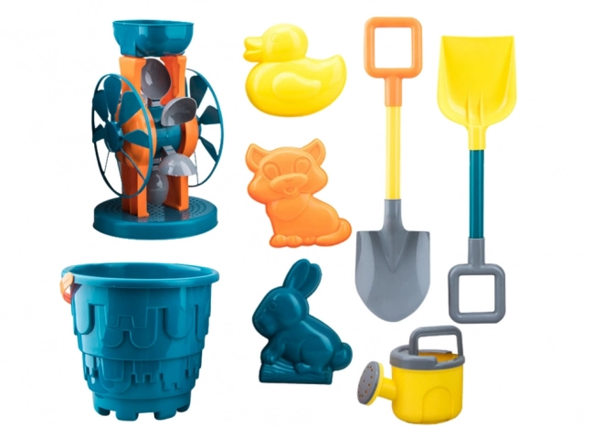 Sand Toy Set with Bucket, Mill, Shovels, and Molds in Turquoise