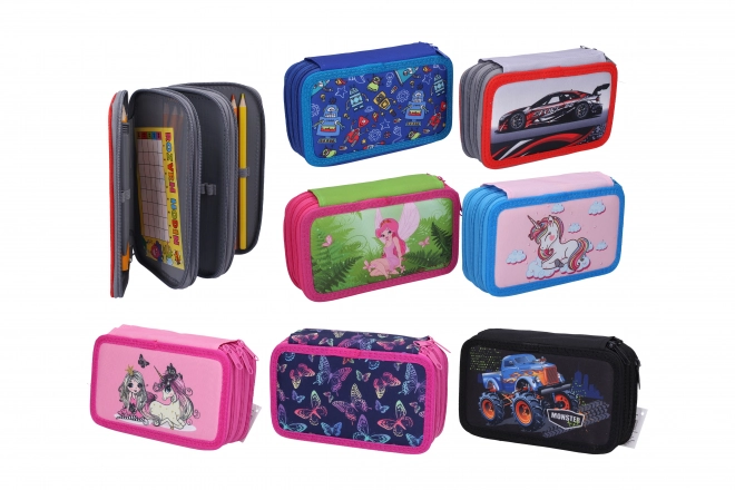 Three-Compartment School Pencil Case with Supplies