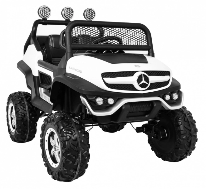 Mercedes Benz Unimog für Kinder Weiß + Antrieb 4x4 + Fernbedienung + Gepäckträger + langsamer Start + MP3 LED