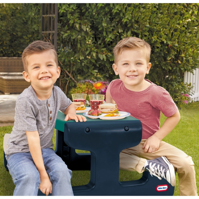 Children's picnic table in blue-green Little Tikes for the garden