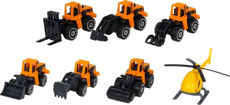 6 pojazdów budowlanych i helikopter