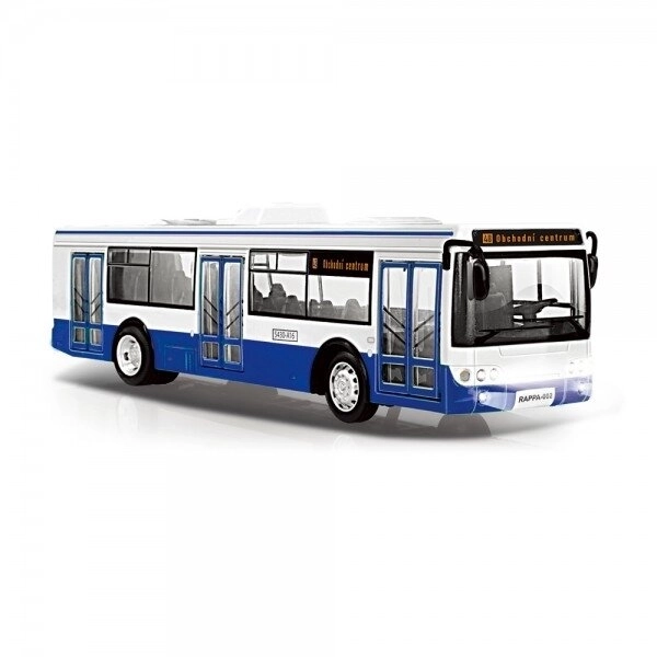Modrý autobus hlásící zastávky česky 28 cm