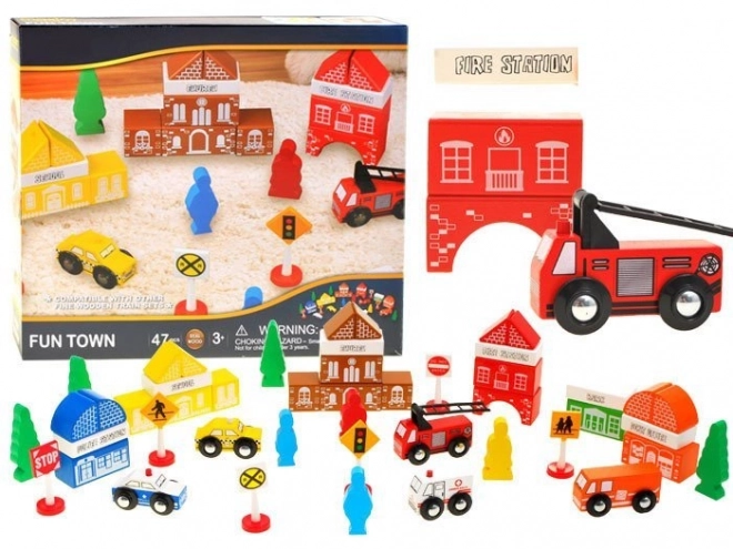 Wooden Building Blocks Town Fire Station Set