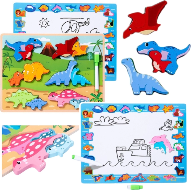 Wooden Educational Dinosaur Puzzle with Drawing Board