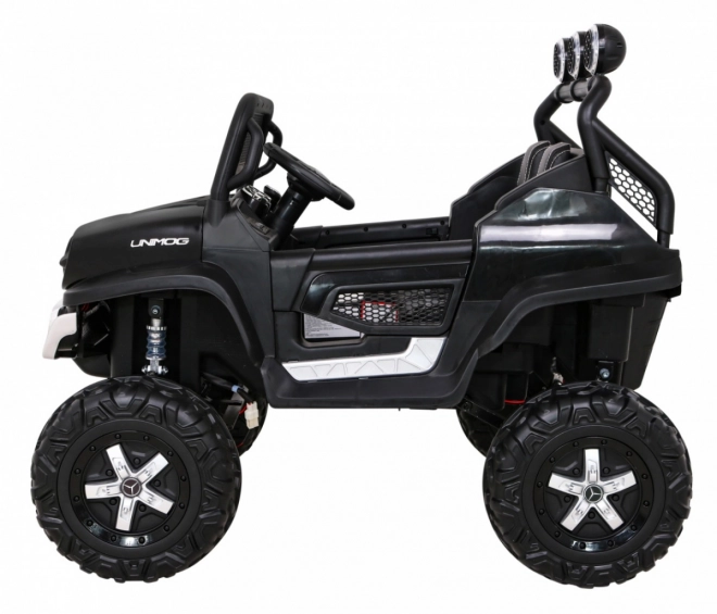 Mercedes Benz Unimog pro děti černý + pohon 4x4 + dálkové ovládání + zavazadlový prostor + pomalý start + MP3 LED