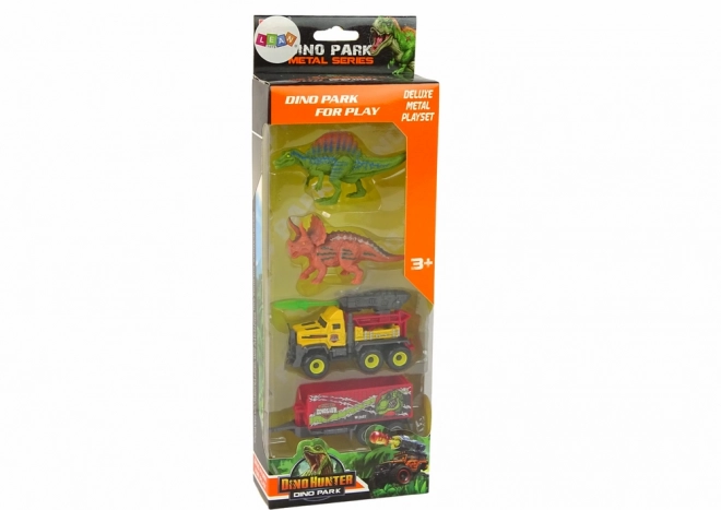 Set dinosauri con auto e rimorchio giallo