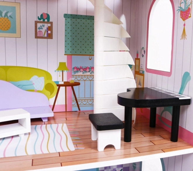 Wooden Dollhouse Pink for Kids 3+ with Equipment and Furniture