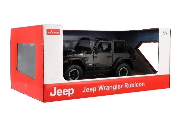 Auto RC Jeep Wrangler Rubicon noir plastique 29cm 2,4GHz télécommande à piles en boîte 44x19x26cm