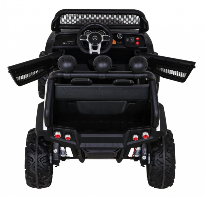 Mercedes Benz Unimog für Kinder Weiß + Antrieb 4x4 + Fernbedienung + Gepäckträger + langsamer Start + MP3 LED