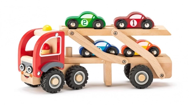 Wooden Car Carrier with 4 Racing Cars