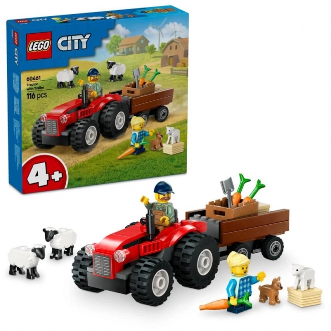 red tractor with trailer and sheep