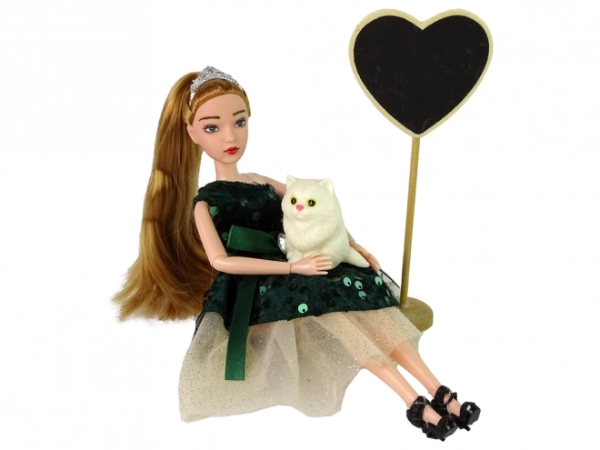 Emily Doll Set with Wooden Heart and White Kitten