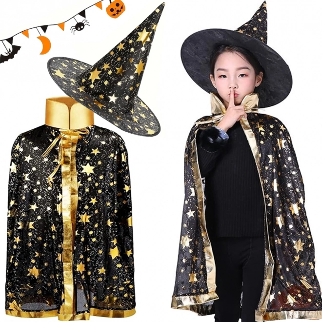 Gyermek boszorkány/varázsló jelmez csillagokkal – köpeny és kalap Halloweenre