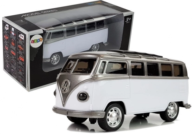 White Friction-Powered Toy Bus with Lights and Sounds