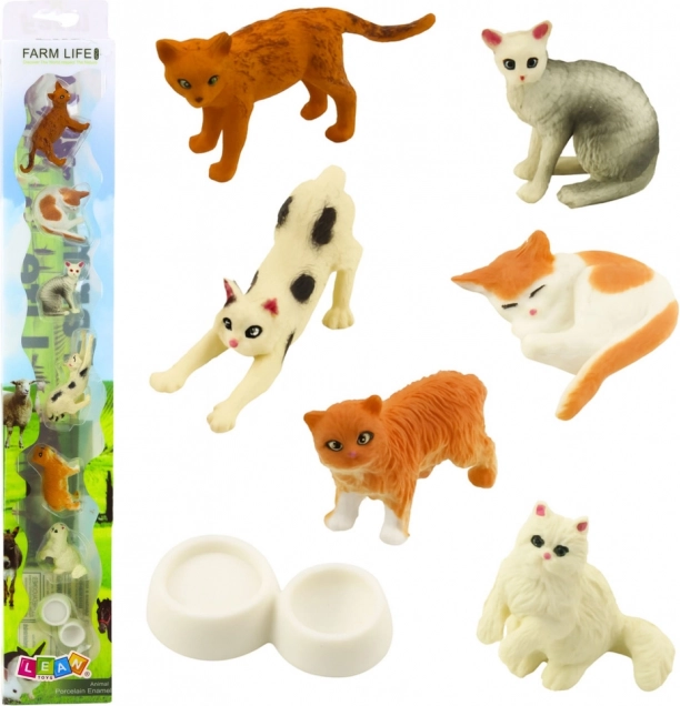 Set of Mini Cat Figures with Feeding Bowl