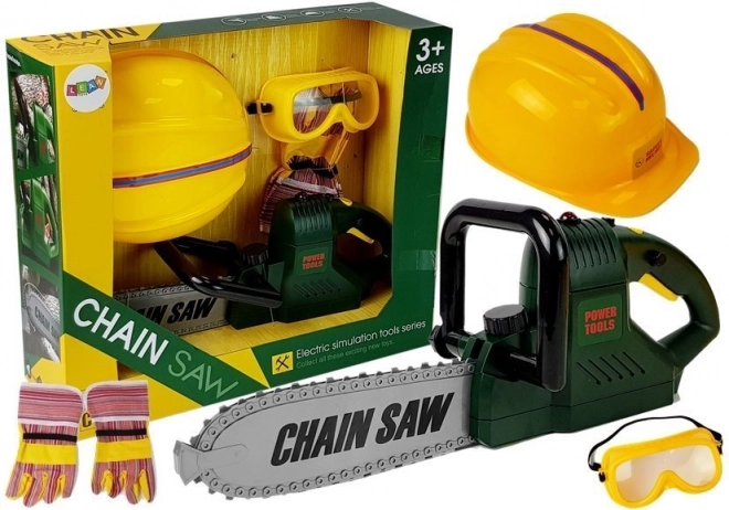 Children's Battery Operated Tool Set with Chainsaw, Helmet, Gloves, and Safety Glasses