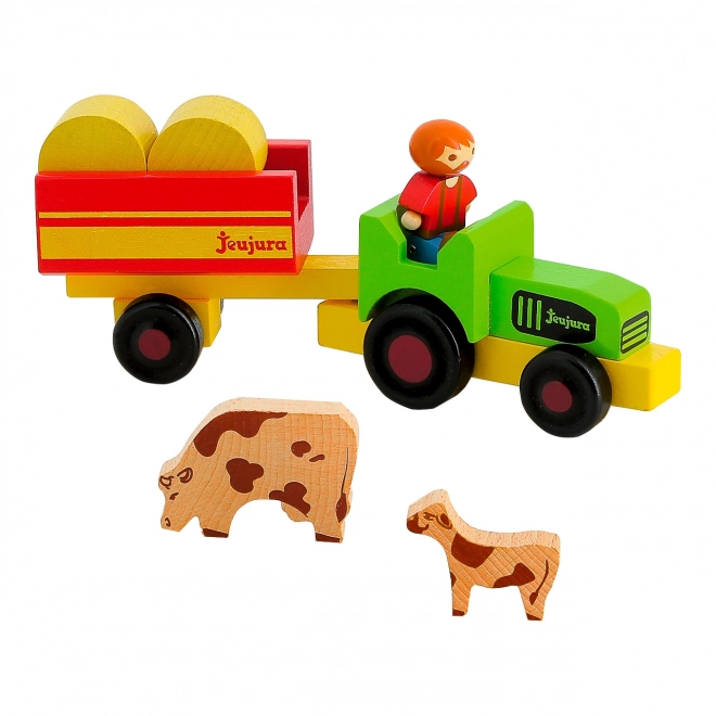 Wooden Farmer Figures with Tractor and Trailer