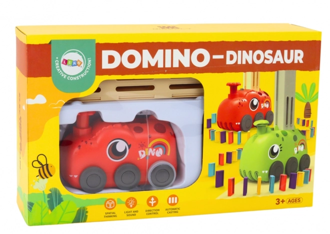 Red Dinosaur Car with Colorful Dominoes