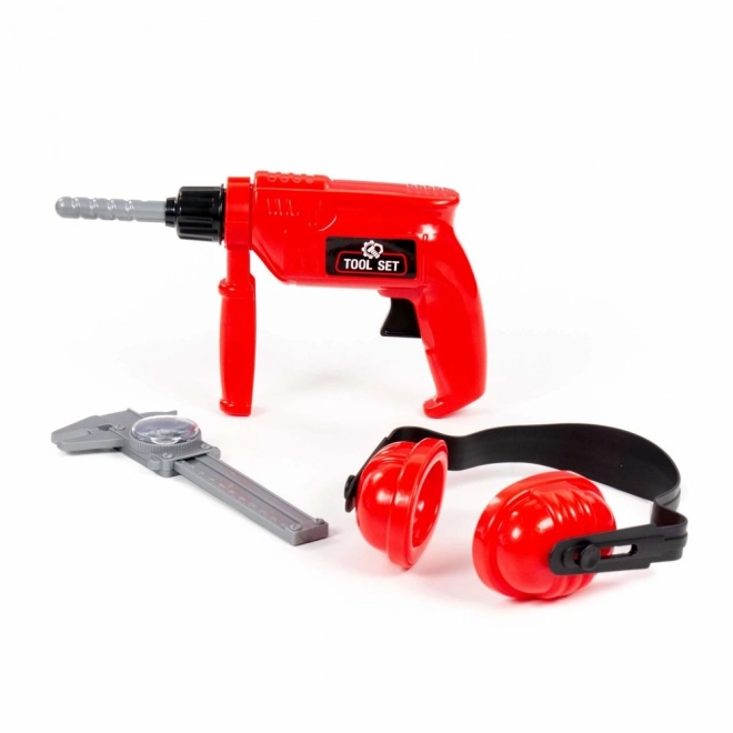 Red Tool Set Drill With Headphones And Caliper