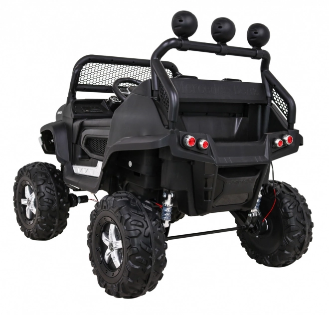 Mercedes Benz Unimog pro děti černý + pohon 4x4 + dálkové ovládání + zavazadlový prostor + pomalý start + MP3 LED