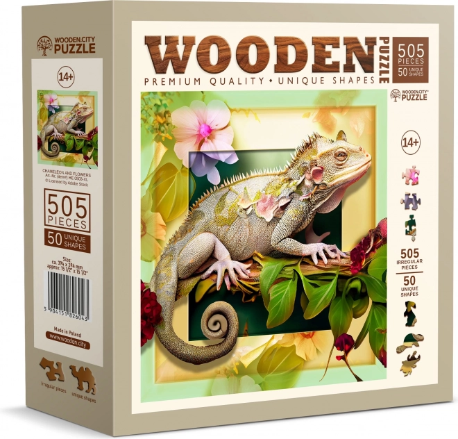 Wooden Puzzle Chameleon and Flowers